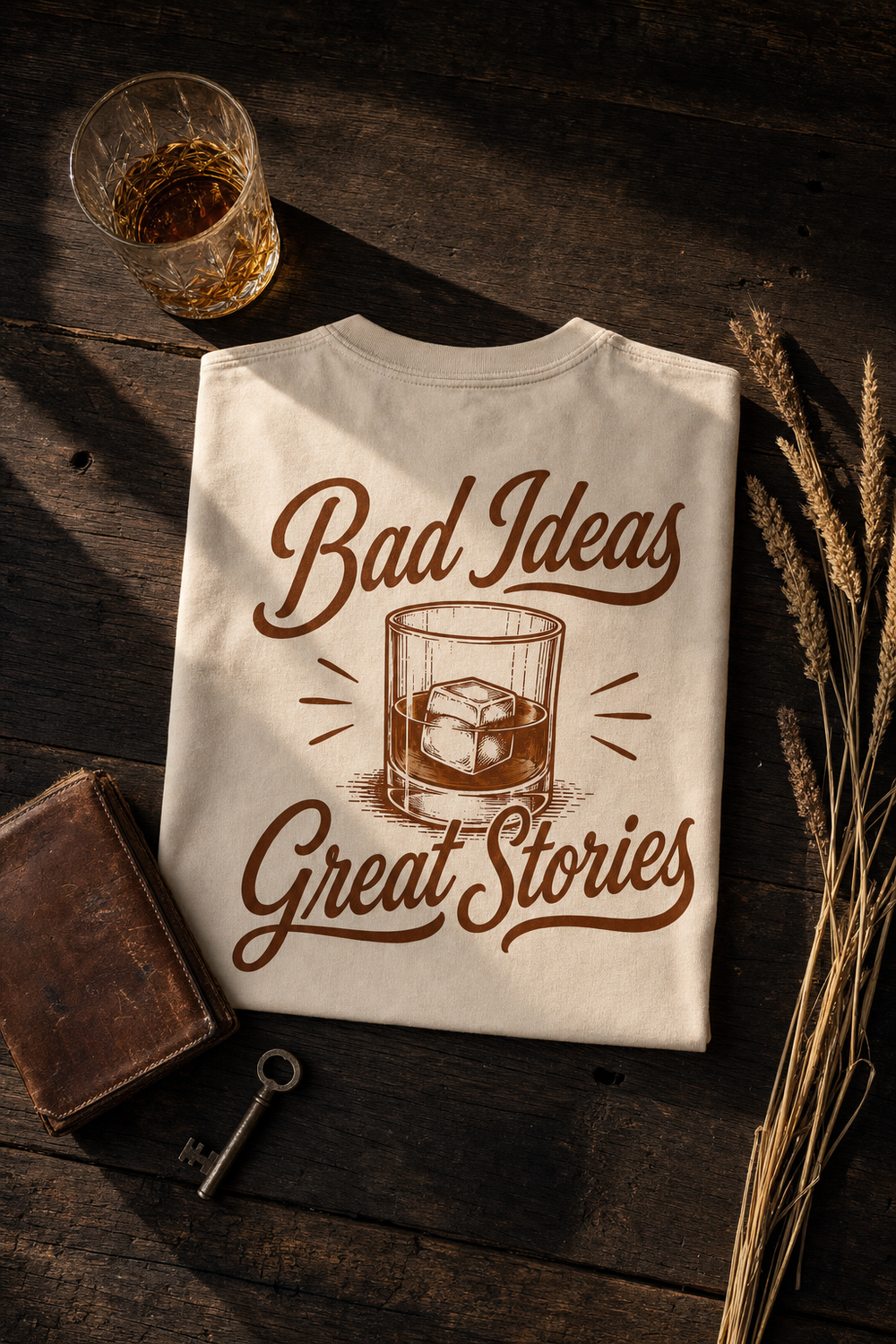 Bad Ideas tee flatlay on weathered wood with rocks glass