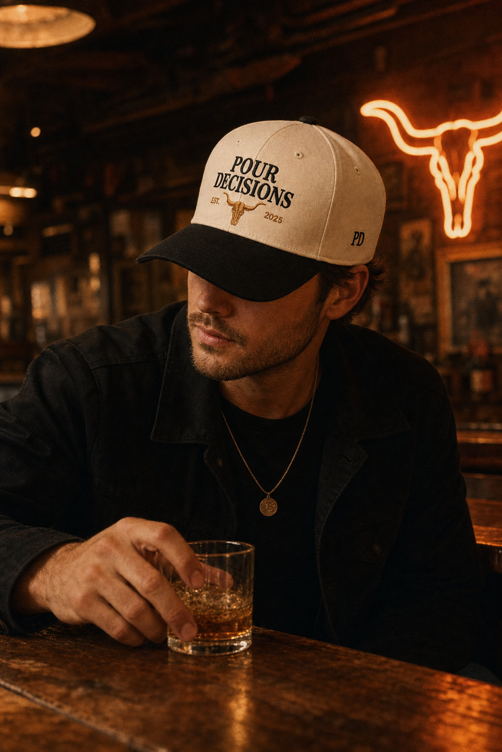 Pour Decisions snapback in a warm neon bar setting