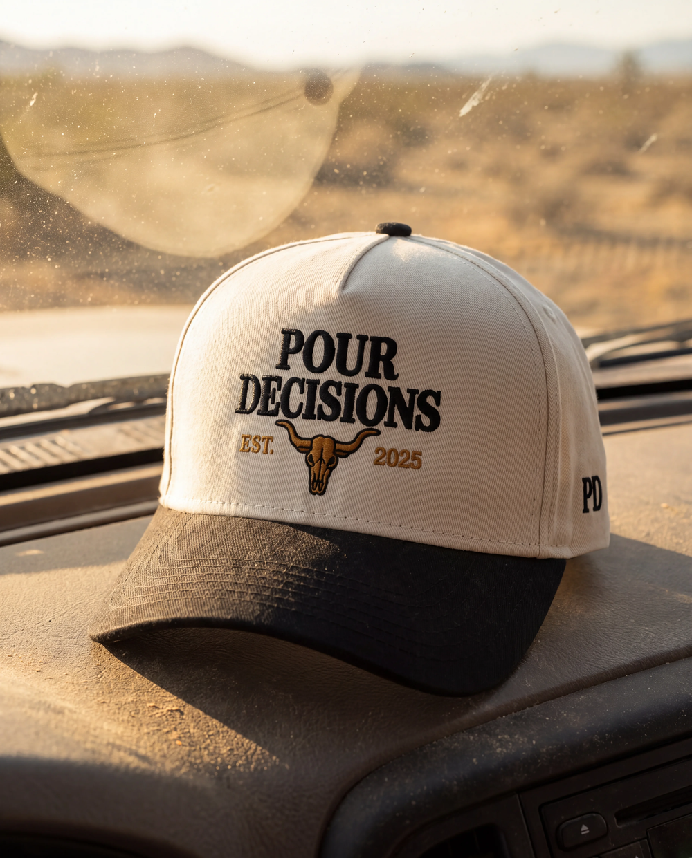 Pour Decisions SnapBack, structured cream crown and black curved brim, worn