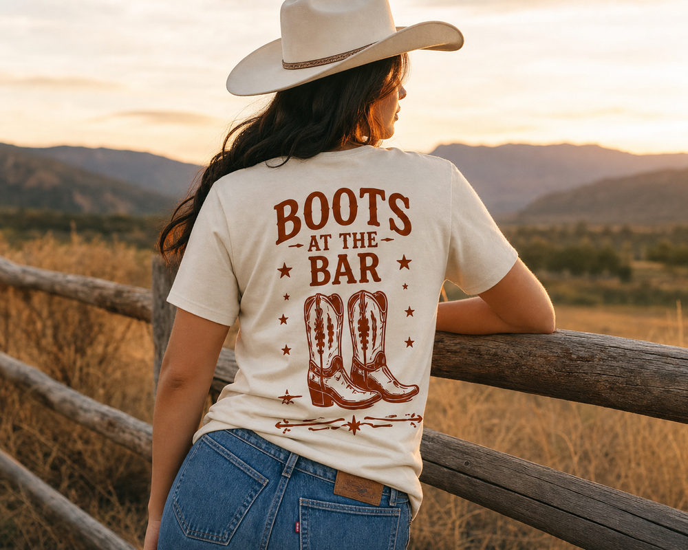 Boots at the Bar Tee worn in a western ranch setting at golden hour, back graphic visible