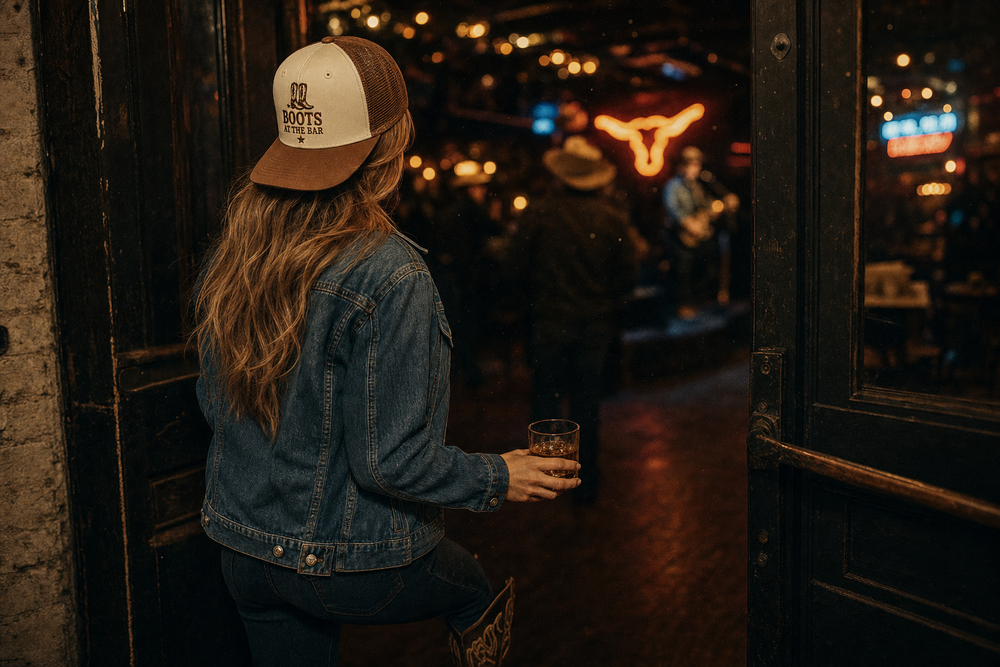 Boots at the Bar snapback worn in a desert saloon