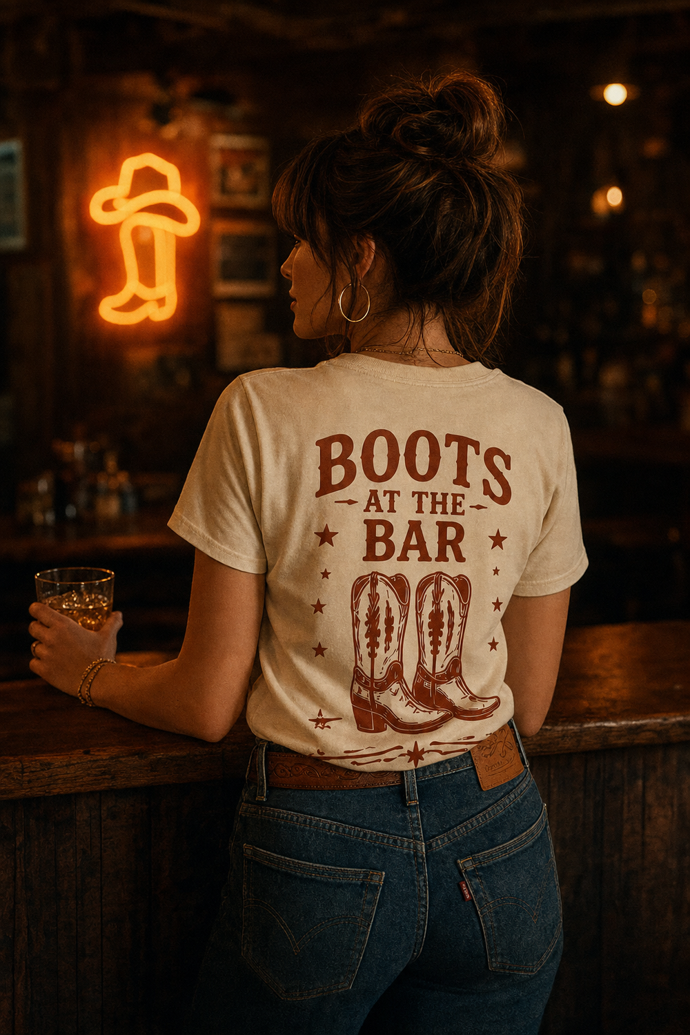 Boots at the Bar tee styled on a rooftop at golden hour