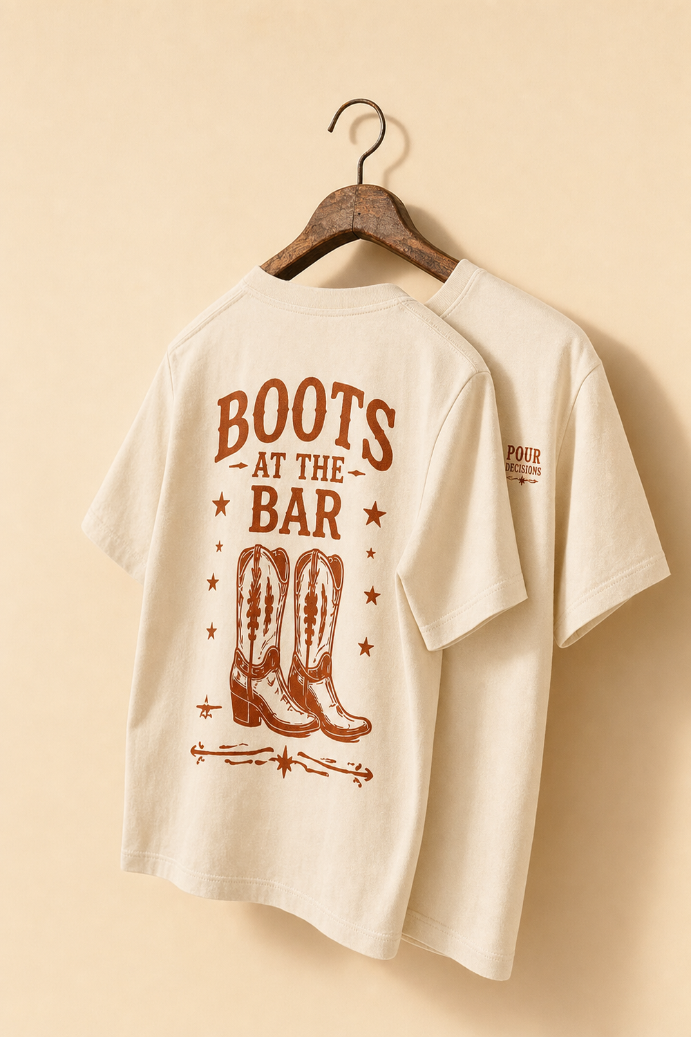 Boots at the Bar tee studio close-up sleeve print