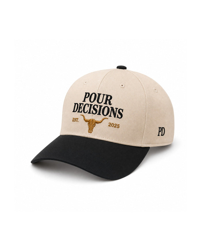 Pour Decisions Snapback - solid structured cream and black cap with longhorn logo and PD side embroidery