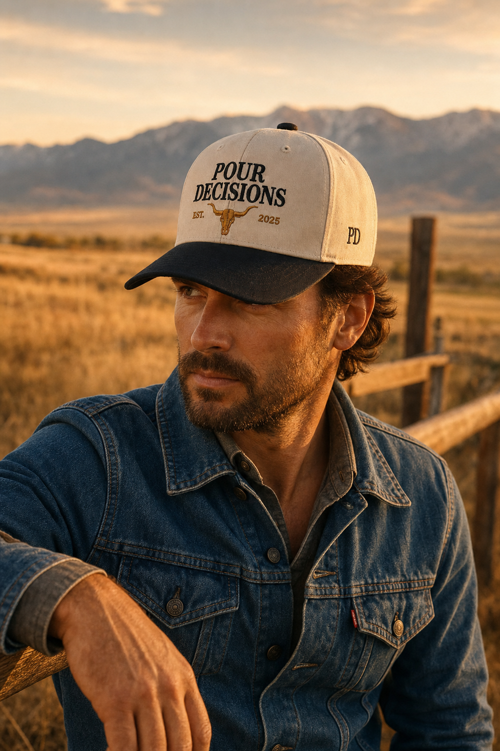 Pour Decisions Snapback worn in a western ranch setting at golden hour